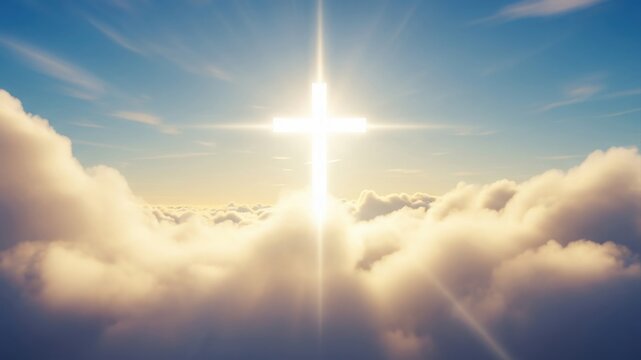 Cross in Clouds. Heavenly Light. Spiritual Sky Scene.