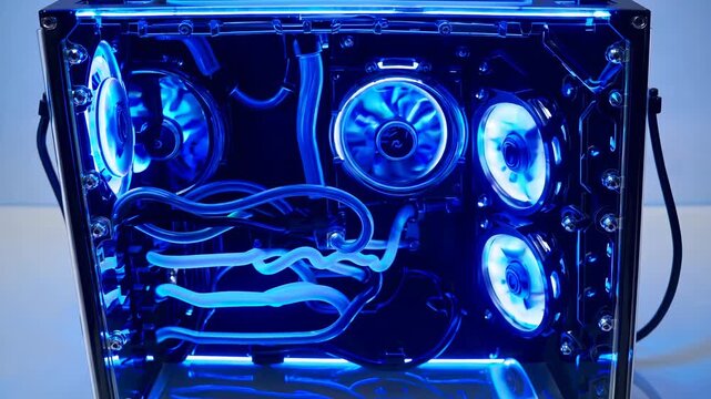 Inside PC hardware with fan cooling, LED cooling, ventilation cooling. Computer hardware technology, server technology, PC technology all depend on fan cooling systems for stable, safe operation.