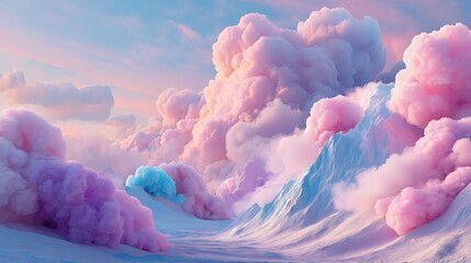 Cotton candy clouds floating above an ice cream mountain, dreamy pastel fantasy art
