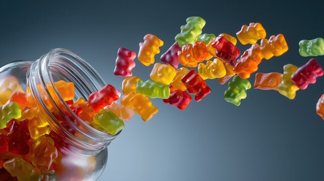 Colorful gummy bears spilling from a glass jar, bright studio lighting