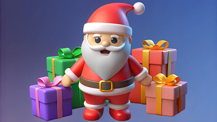 A cartoon 3D Santa Claus on a purple background with gift boxes. Holiday card