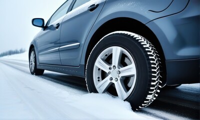 Gray Sedan Car Driving on Snowy Road in Winter Under Overcast Sky