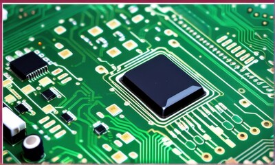 Green Circuit Board with Integrated Chips and Trace Pathways Close Up View