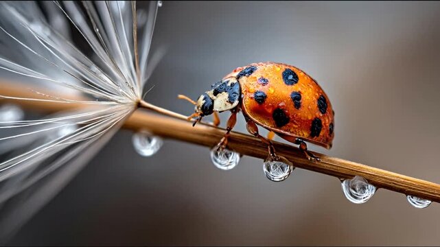 Ladybug on plant stem with water droplets macro shot