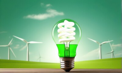 Green Energy Light Bulb with Wind Turbines on Green Field Background