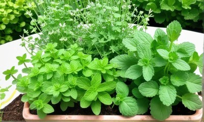 Green Herbs in Rectangular Pot with Assorted Textures and Leaf Shapes Top View
