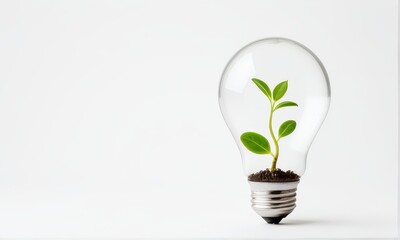 Green Plant Growing Inside Light Bulb on Clean White Background