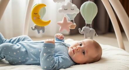 A cute baby in a blue onesie lies on a soft mat, looking up at a colorful mobile with a moon, stars, clouds, hot air balloons, and elephants.