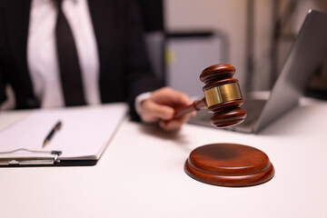 Female lawyer in office, Corporate lawyer at workspace, Attorney with legal books and gavel,