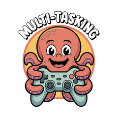 Happy octopus gaming, multitasking controller champion, playful cartoon mascot, rounded outlines, vibrant accent strokes, energetic esports inspired vector