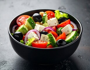 Colorful Greek salad in a black bowl