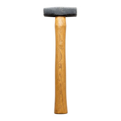 Heavy sledgehammer tool with wooden handle and metal head isolated vertically on white background
