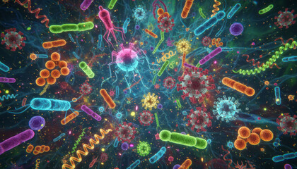 Fascinating digital illustration of microorganism science, with vibrant bacteria and virus cells creating colorful background