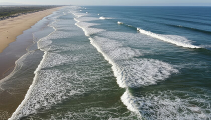 Tranquil aerial view of an ocean wave crashing on sandy beach. powerful sea rolls along vast empty coast