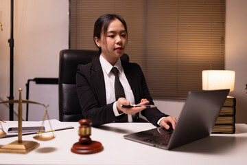 Female lawyer in office, Corporate lawyer at workspace, Attorney with legal books and gavel,