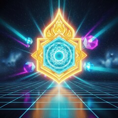 Futuristic Thai ornamental emblem with glowing blue crystal center, golden spark effects