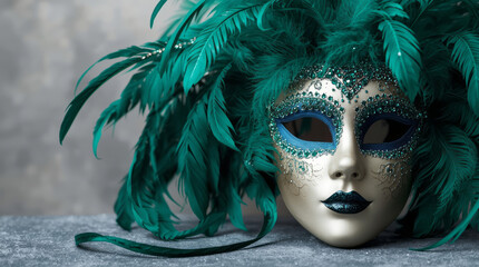 Mysterious elegant Venetian mask with intricate design and green feather for carnival or masquerade ball