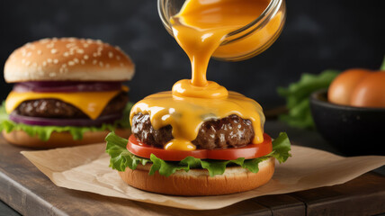 Delicious beef burger with pouring cheese sauce. savory, appetizing meal with lettuce and tomato for hearty lunch or dinner