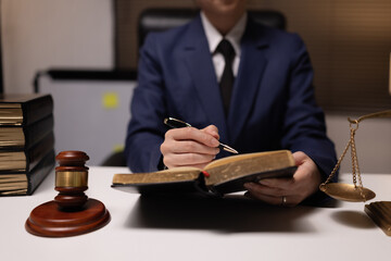 Female lawyer in office, Corporate lawyer at workspace, Attorney with legal books and gavel,