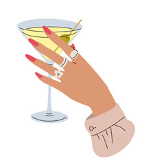 Elegant flat vector illustration of a woman's hand with rings and red manicure holding a martini glass with olive. Stylish cocktail art for fashion, lifestyle, and bar design concepts