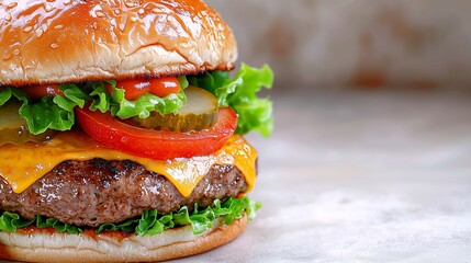 A delicious cheeseburger stacked with lettuce, tomato, pickles, and melted cheese, served on a toasted bun.