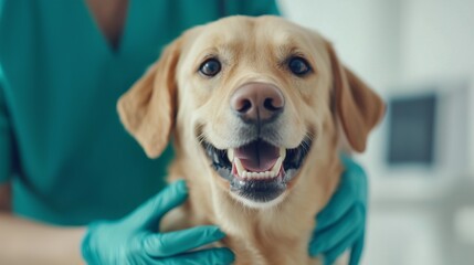 A smiling Labrador retriever is being lovingly handled by a person in scrubs, warm bond between pet and caregiver.