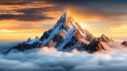 A stunning mountain peak rises above the clouds, illuminated by a warm sunset, majestic snow-capped slopes and dramatic skies.