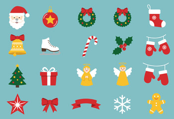 Christmas icons collection, Santa Claus, gifts, snowflakes, bells, angels, candy cane, festive decorations, holiday season, winter symbols, vector