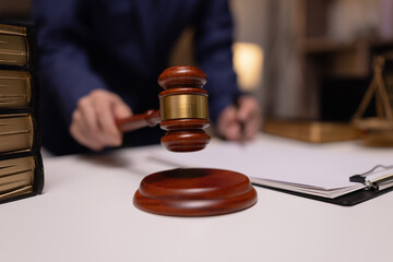 lawyer in office, Corporate lawyer at workspace, Attorney with legal books and gavel,