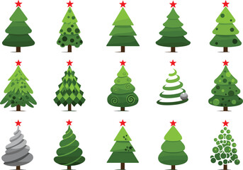 Christmas tree collection, cartoon style, green pine, festive decoration, holiday symbol, winter celebration, seasonal design, vector illustration