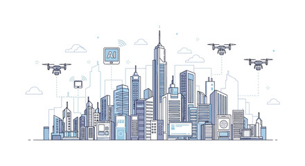 Futuristic cityscape featuring drones, connected devices, and modern skyscrapers, all linked.