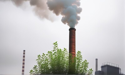 Industrial Chimney Emitting Smoke Against Overcast Sky With Greenery Foreground