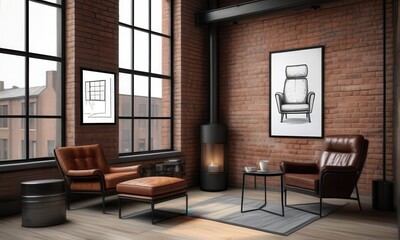 Industrial Living Room Interior with Exposed Brick Brown Leather Armchairs and Large Windows