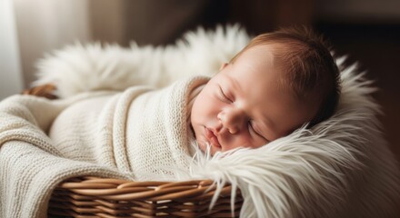 Close-up of a sleeping newborn baby wrapped in a white blanket in a wicker basket with a fluffy