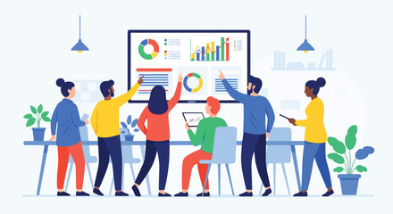Flat style illustration of business team analyzing charts and graphs on a big screen during a meeting, symbolizing teamwork, strategy, growth, and corporate data-driven decision-making
