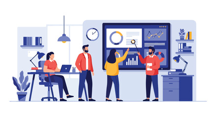 Flat style illustration of business team analyzing charts and graphs on a big screen during a meeting, symbolizing teamwork, strategy, growth, and corporate data-driven decision-making