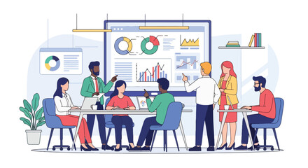 Flat style illustration of business team analyzing charts and graphs on a big screen during a meeting, symbolizing teamwork, strategy, growth, and corporate data-driven decision-making