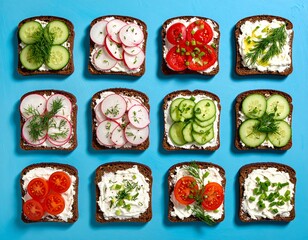 Colorful, healthy sandwiches arranged on a vibrant blue background