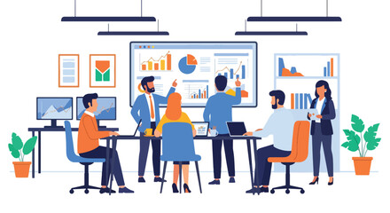 Flat style illustration of business team analyzing charts and graphs on a big screen during a meeting, symbolizing teamwork, strategy, growth, and corporate data-driven decision-making