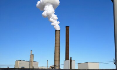 Industrial Plant Releasing White Smoke Against Bright Blue Sky Background During Sunny Day