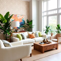 Modern Living Room Interior with Green Plants and Natural Light