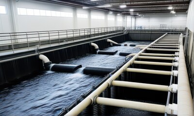 Industrial Water Treatment Facility Interior with Pipes and Water Processing