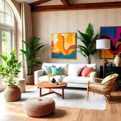 Modern Living Room Interior with Green Plants and Natural Light