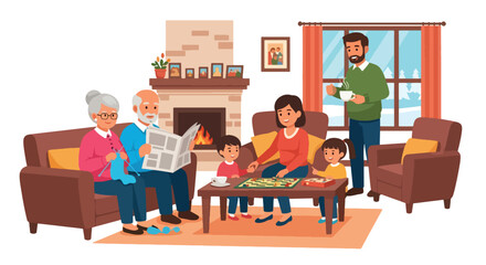 Flat style illustration of a happy multigenerational family spending time together at home, with grandparents reading and children playing, symbolizing love, bonding, warmth, and family traditions