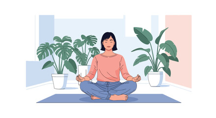 Flat style illustration of a woman meditating at home on a yoga mat, surrounded by indoor plants, promoting mindfulness, relaxation, self-care, and a healthy balanced lifestyle.