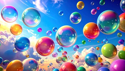 Playful D render colorful bubbles floating upwards into sky joyful Action, one color background, animated buoyancy, perfect