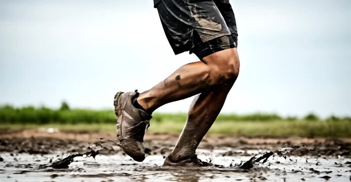 Muddy runner sprinting through challenging obstacle course with dynamic action