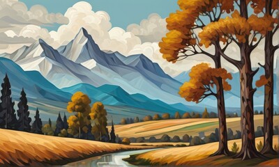 Landscape of Golden Fields and Mountains with Autumn Trees Pixel Art Illustration