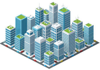 3D view Isometric illustration of a modern city skyline with tall skyscrapers, green rooftops, and urban planning, symbolizing business, architecture, real estate, and sustainable metropolitan develop