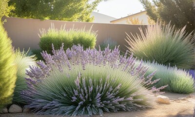 Lavender Bushes and Greenery in Sunny Garden with Tan Wall Background